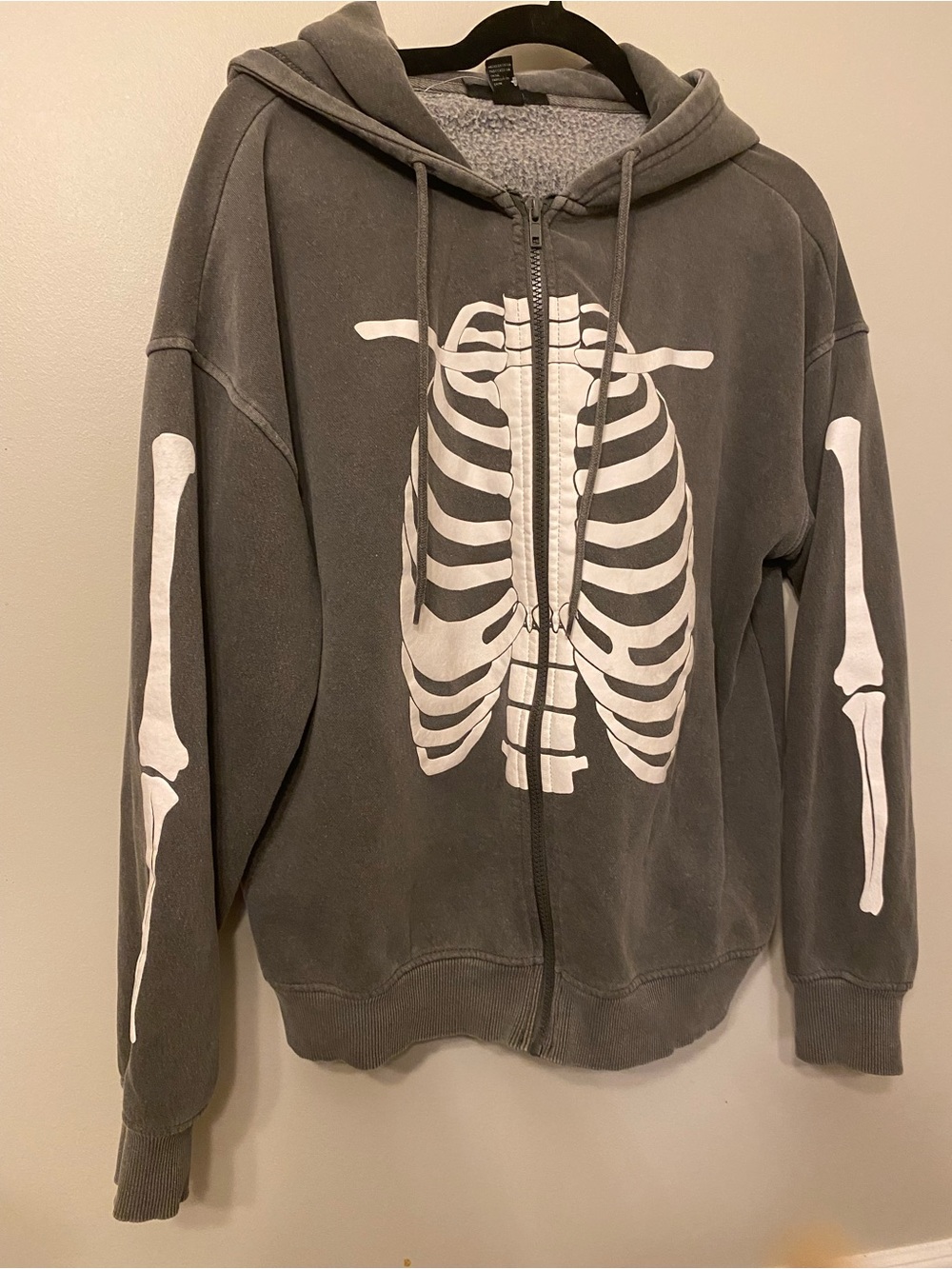 Forever 21 Charcoal Zip-Up Hoodie with White Skeleton Print